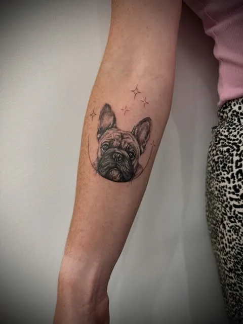 French bulldog and stars fine-line tattoo